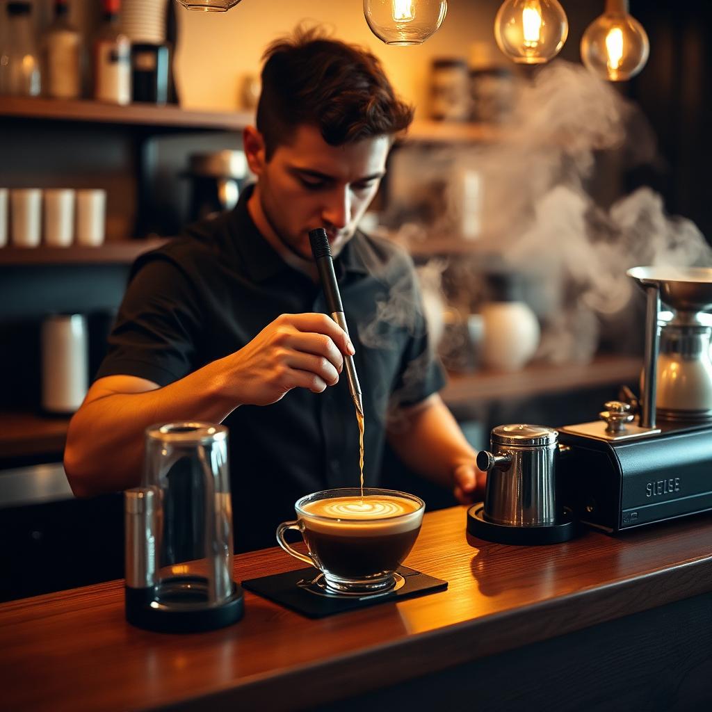 Barista pouring latte art behind the coffee bar