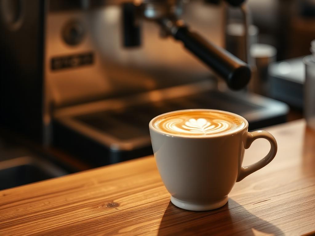 Flat white with latte art on a wooden counter