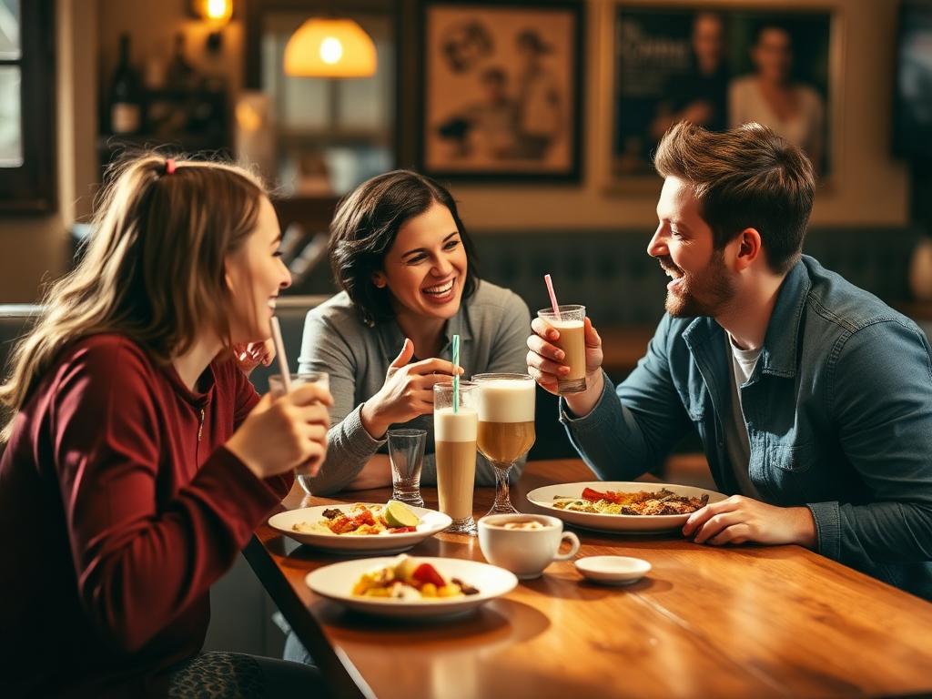 A family laughing over shakes and plates at a cafe table
