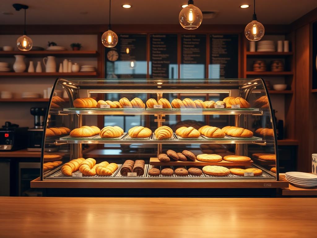 Pastry case filled with croissants, cookies and cakes